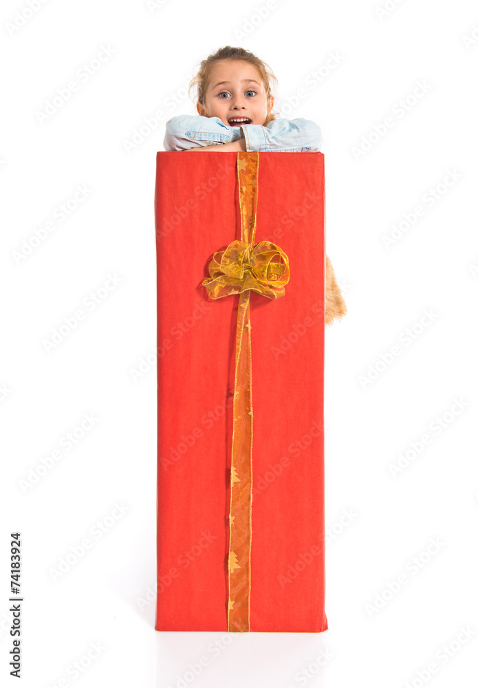 Fototapeta premium Blonde little girl holding a big red gift
