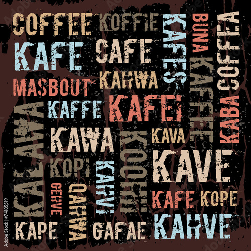 Poster, decorative panels labeled coffee in different languages.