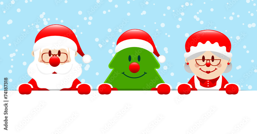 Santa, Tree & Mrs. Santa Banner Snow Blue Santa, Tree & Mrs. Santa Banner Snow Blue