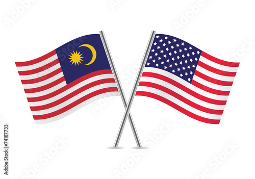 American and Malaysian flags. Vector illustration.