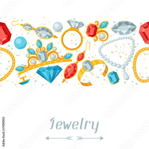 Seamless pattern with beautiful jewelry and precious stones.