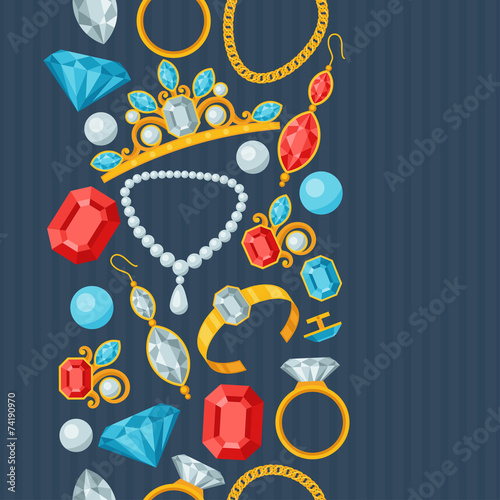 Seamless pattern with beautiful jewelry and precious stones.