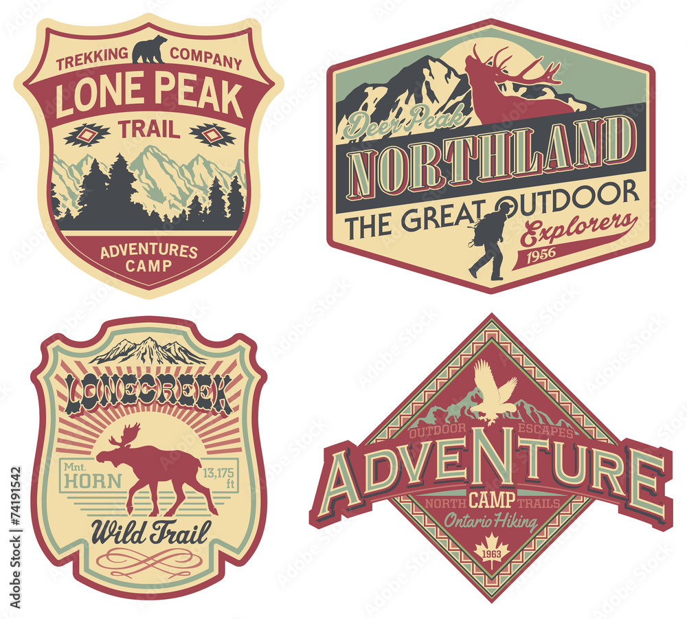 Wildlife exploration vintage patches Stock Vector