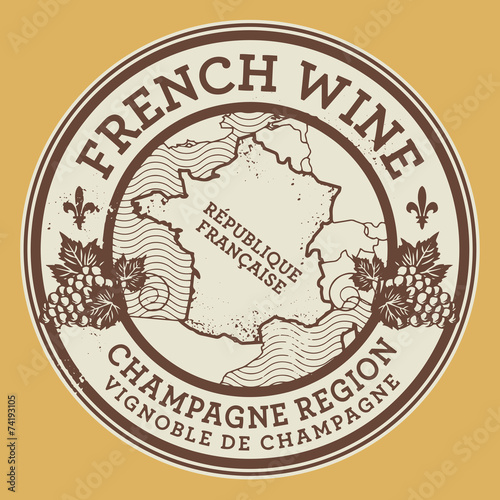 Grunge rubber stamp with words French Wine, Champagne Region