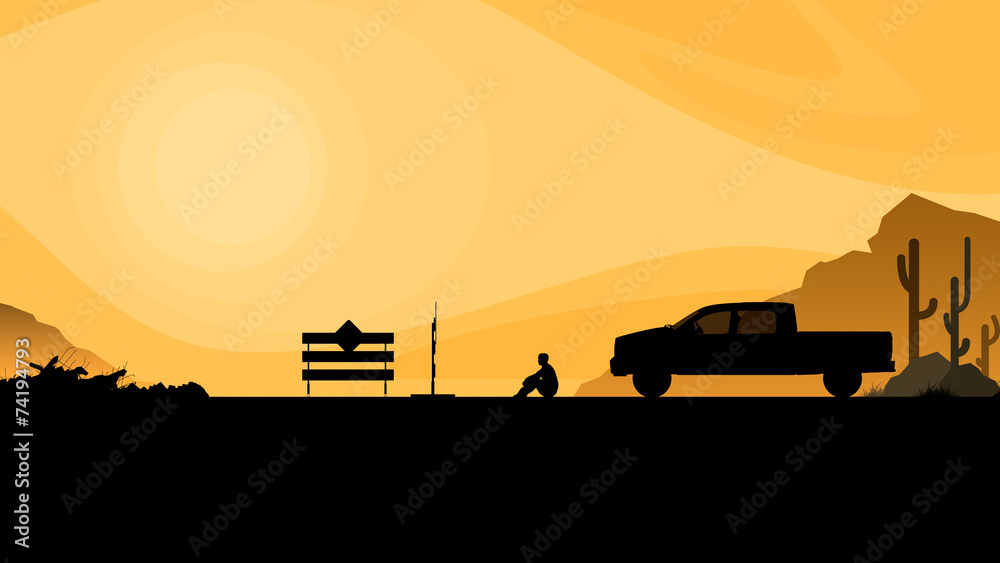 Silhouette. Road closed, road works. Silhouette. Road closed, road works.