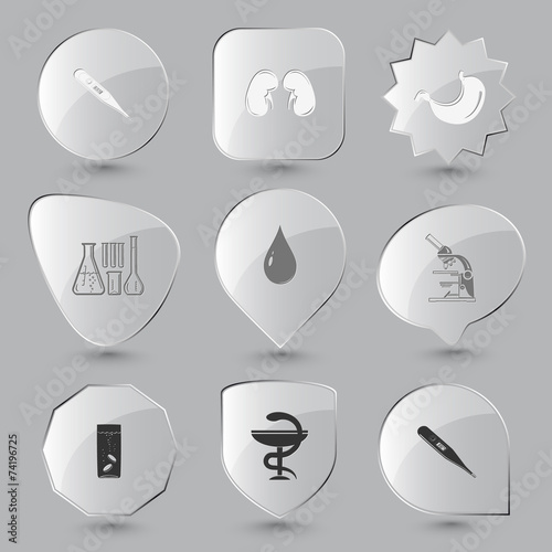 thermometer, pharma symbol, glass with tablets, lab microscope,