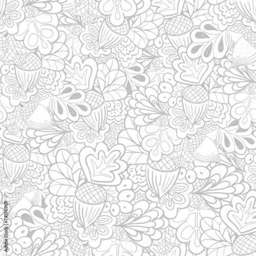 Black and white outline oak elements seamless pattern