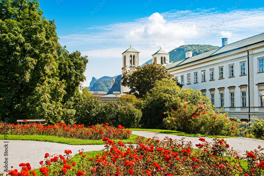 Church of Holy Andrew and Mirabell gardens in Salzburg, Austria