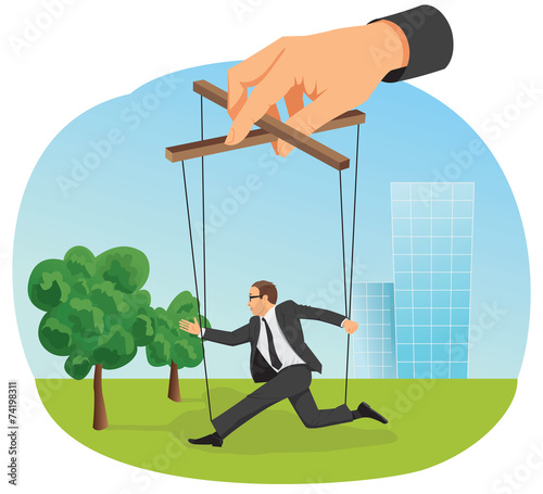 Hand control a marionette businessman action