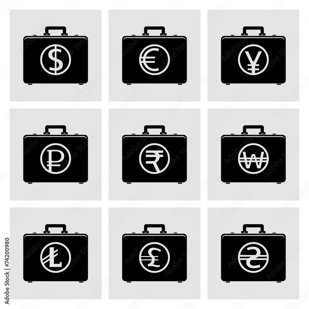 Briefcase icons with currency symbols Briefcase icons with currency symbols