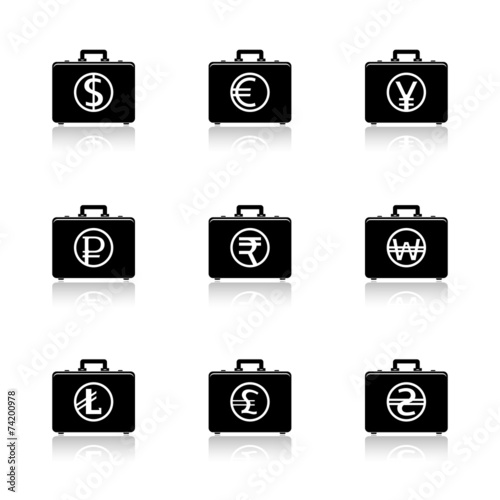 Briefcase with currency symbols