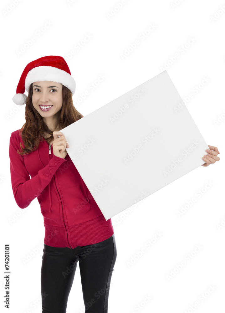 Attractive christmas woman holding a blank sign board Attractive christmas woman holding a blank sign board