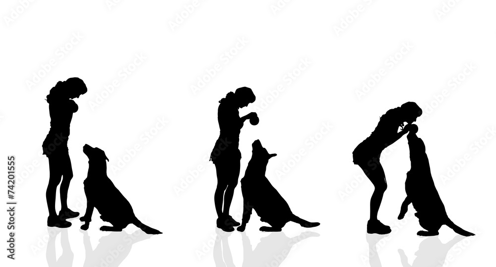 Obraz premium Vector silhouette of a woman with a dog.