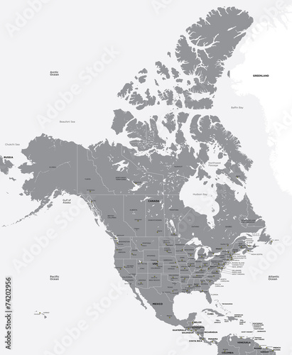 Black and white map of the USA and Canada