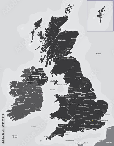 Black and white map of the UK and Ireland
