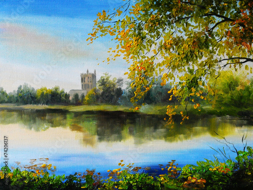 Oil painting landscape - castle near lake, tree over the water,