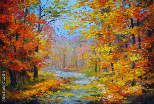 Oil painting landscape - colorful autumn forest, with the trail,