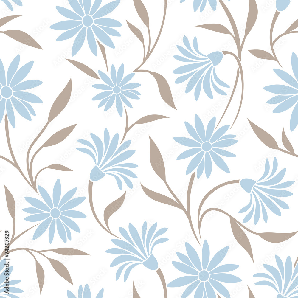 Seamless pattern with blue flowers and beige leaves. Vector.