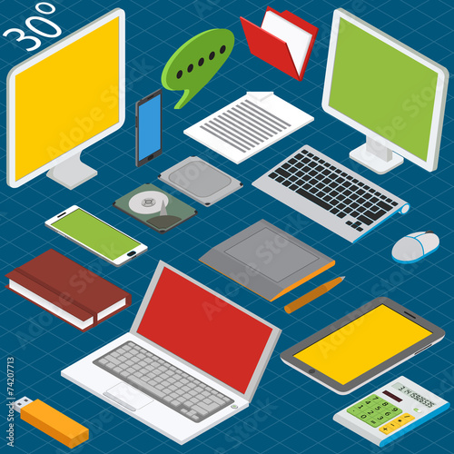 Isometric workplace with a laptop, desktop, smartphones, tablets