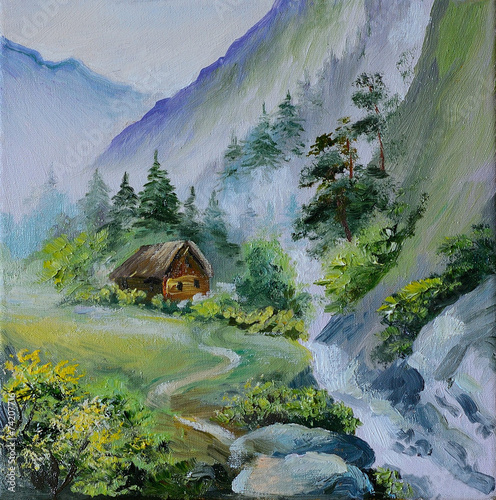 oil painting - landscape in mountains  house in the mountains an