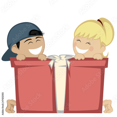 Big box surprise - A little blonde girl and a boy with a box.