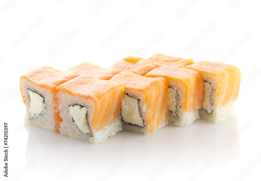 Sushi roll with salmon and cheese isolated Sushi roll with salmon and cheese isolated