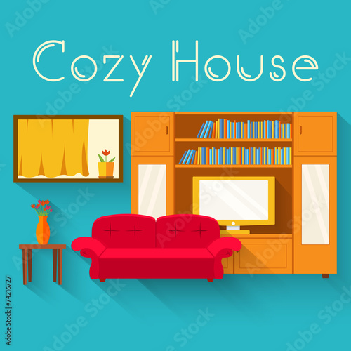 Flat cozy room in house with furniture background vector illustr