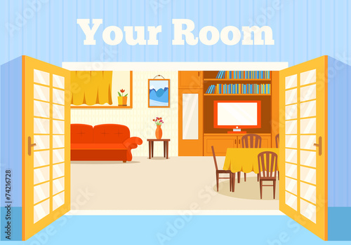 Flat cozy room in house with open doors background vector illust