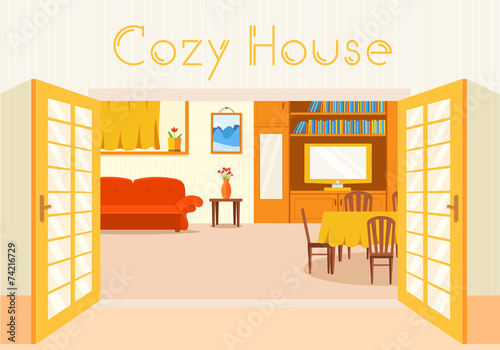 Flat cozy room in house with open doors background vector illust