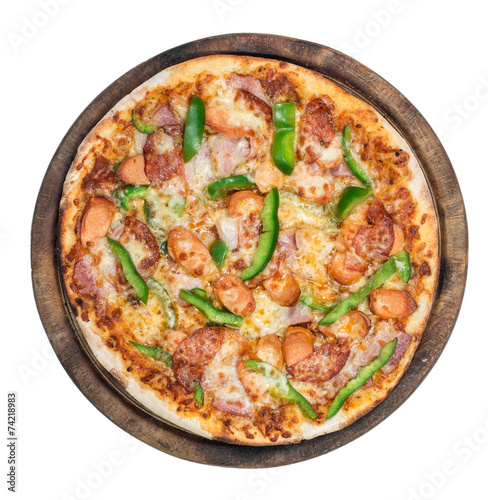 Pizza top view on white background