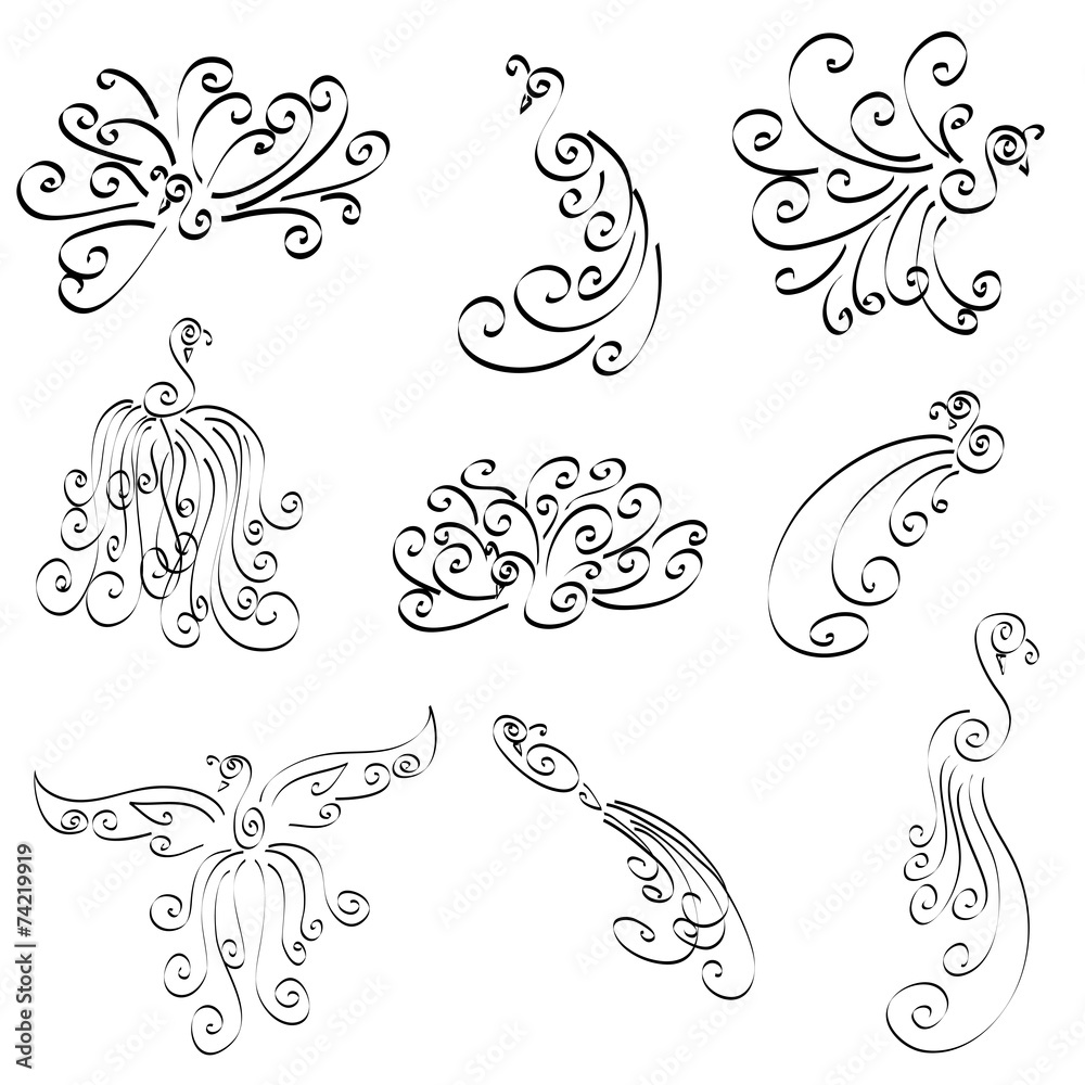 peacock doodle designs isolated vector set