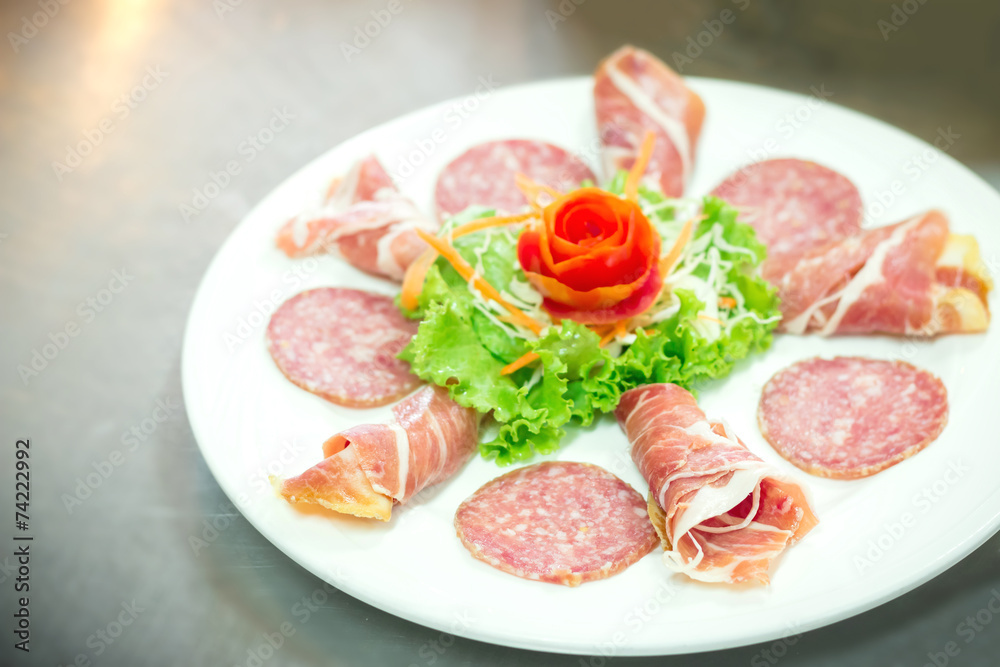 Delicious and tasty meat dishes. Parma Ham, salami.