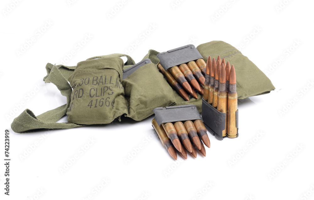 M1 Garand clips, ammunition and bandolier. Photos | Adobe Stock