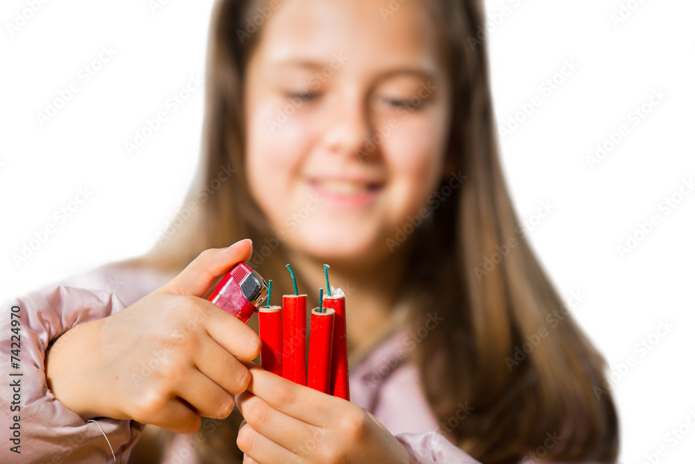 Girl with firecrackers, selective focus Girl with firecrackers, selective focus