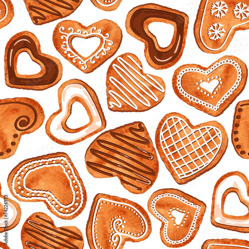 Seamless pattern of watercolor heart cookies