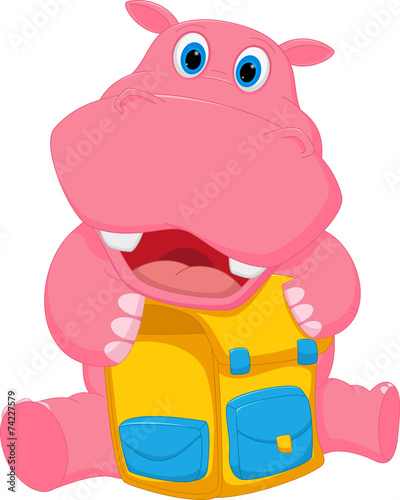 Happy hippo cartoon with school bag