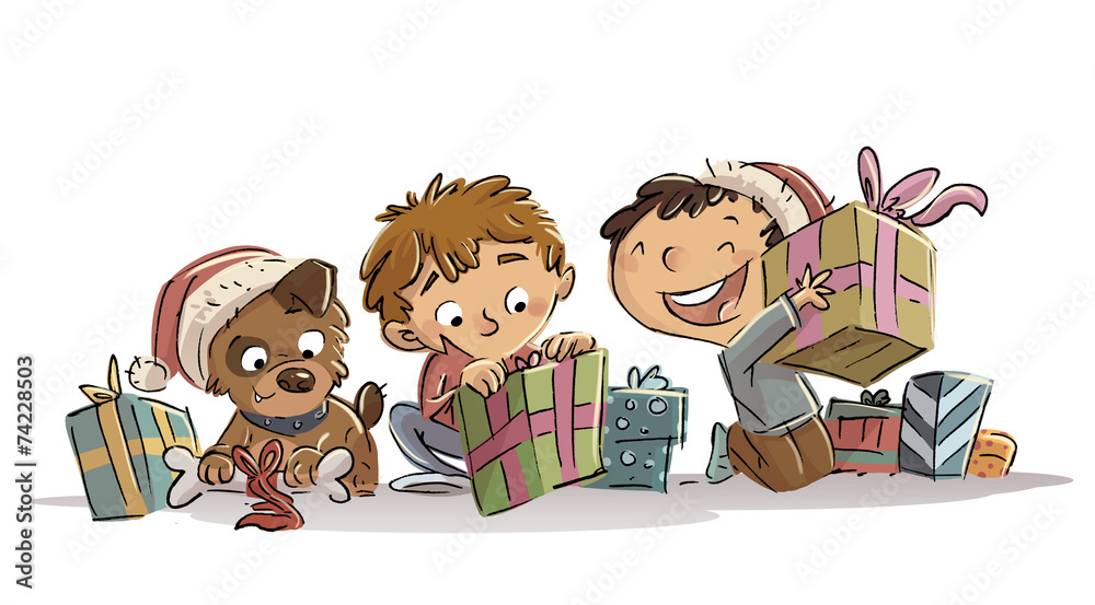 niños abriendo regalo de navidad ilustración de Stock | Adobe Stock