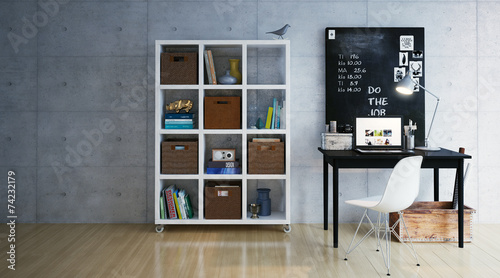 Foto Schreibtsich an Wand mit regal - Workplace with shelf