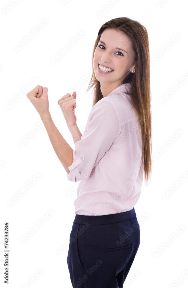 Erfolgreiche junge Frau im Beruf: Portrait freigestellt auf Weiß