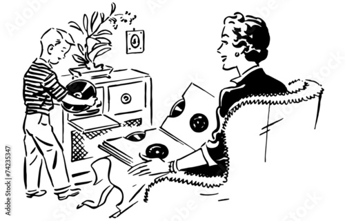 Mom And Son Listening To Records