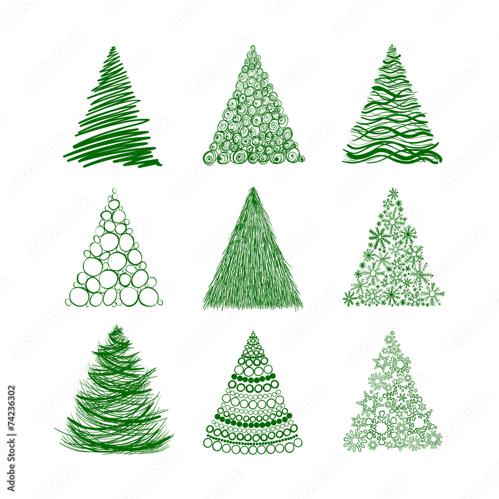 Set of nine Christmas trees isolated on white background.