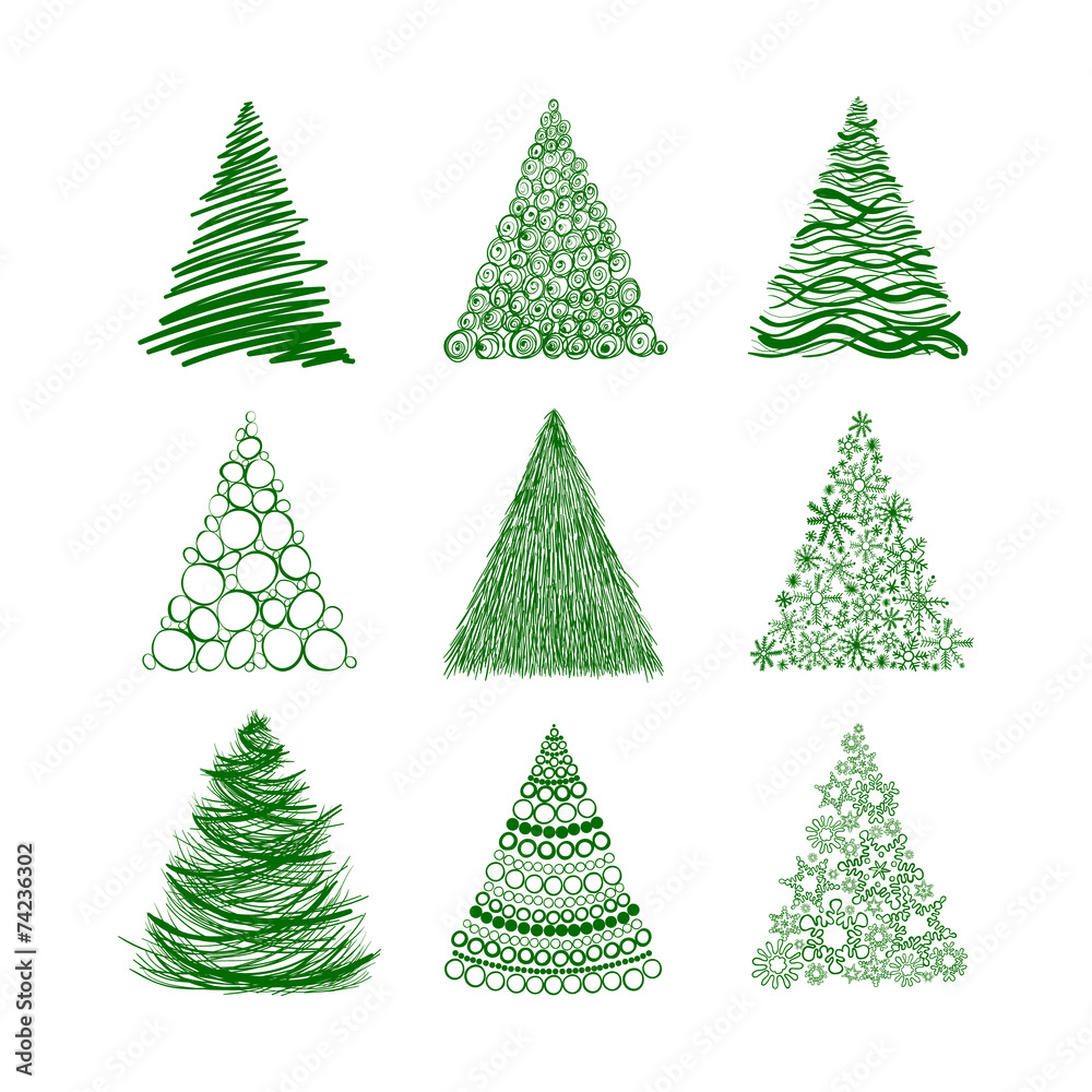 Set of nine Christmas trees isolated on white background. Set of nine Christmas trees isolated on white background.
