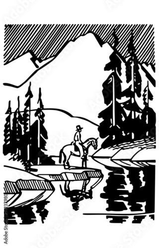 Horse Rider At Mountain Lake