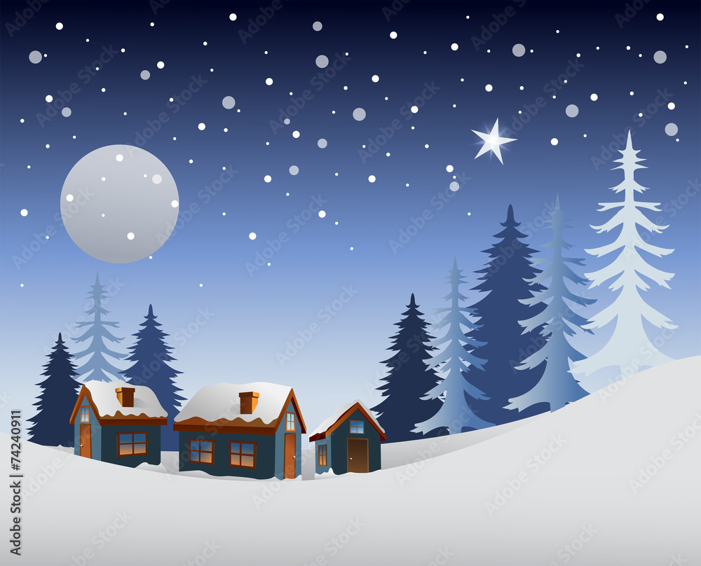 Fototapeta premium Snowy scene with village and trees