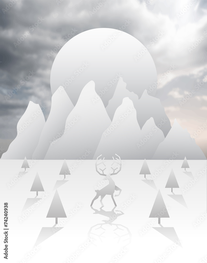 Obraz premium Reindeer and forest vector in white and grey