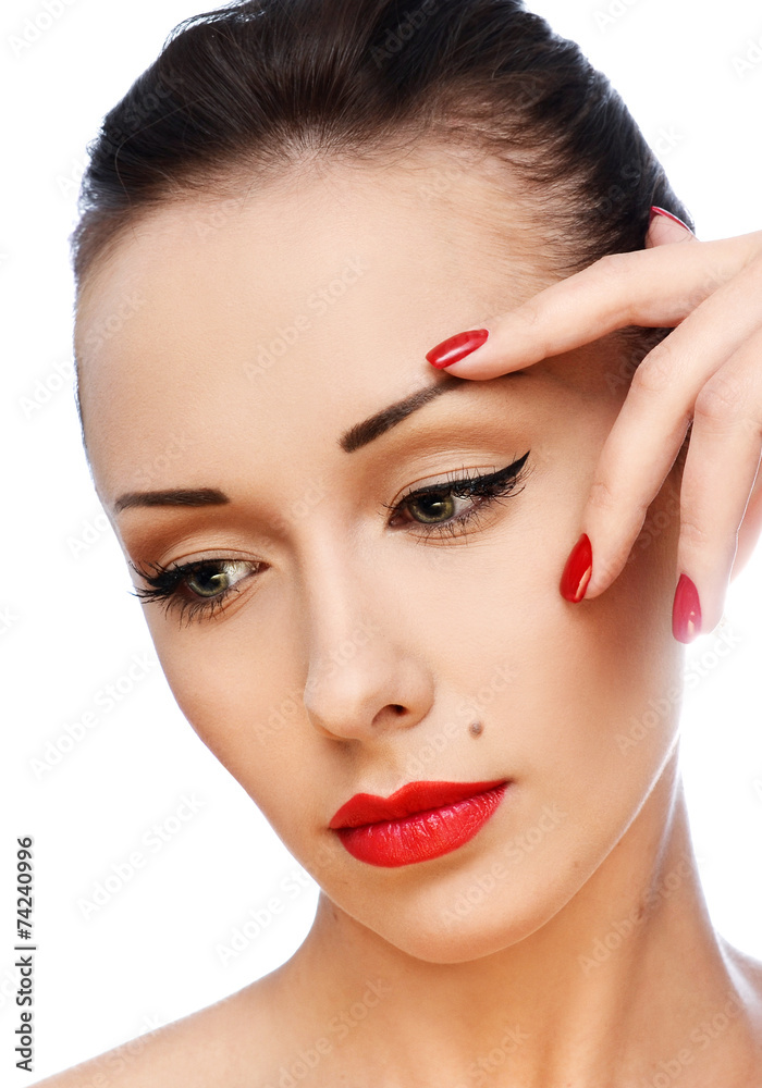 Young beautiful woman with red lips on white background Young beautiful woman with red lips on white background