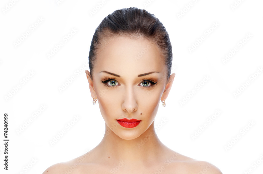 Young beautiful woman with red lips on white background Young beautiful woman with red lips on white background