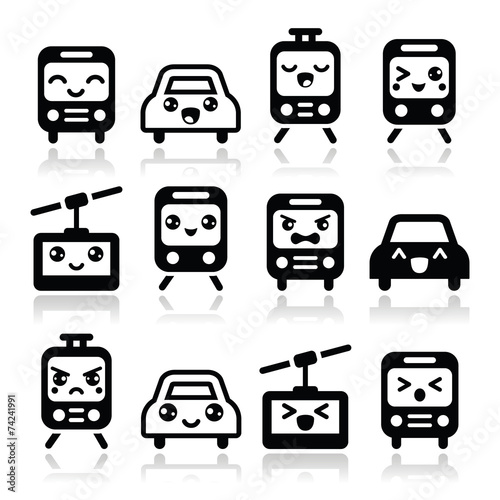 Kawaii cute icons - car, bus, train, tram and gondola