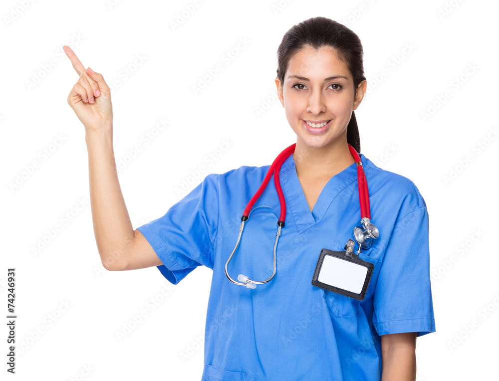 Brunette Doctor with finger point up Brunette Doctor with finger point up