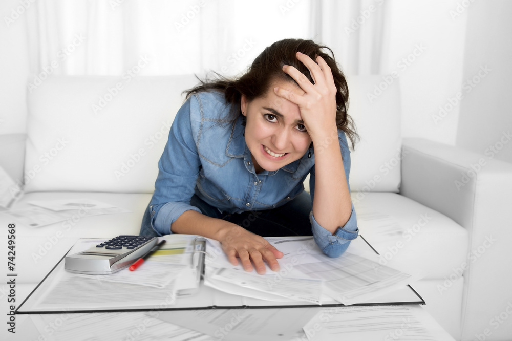 woman worried at home in stress accounting financial problems woman worried at home in stress accounting financial problems